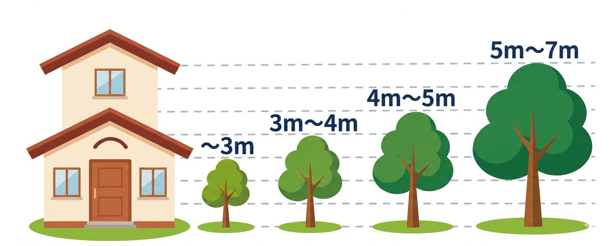 木の高さの目安。低木は3m未満、中木は3〜4m、中高木は4〜5m、高木は5〜7m。2階建て住宅との高さ比較図。